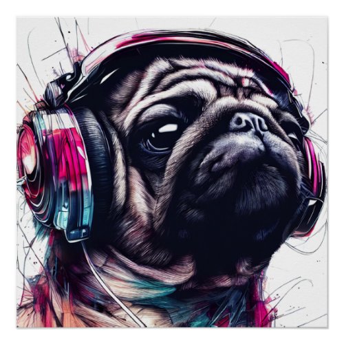 Cute Dog with Headphones water color illustration Poster