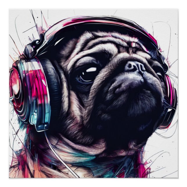 Cute Dog with Headphones water color illustration Poster (Front)