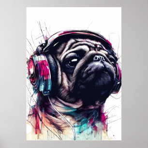 Cute Dog with Headphones water color illustration Poster