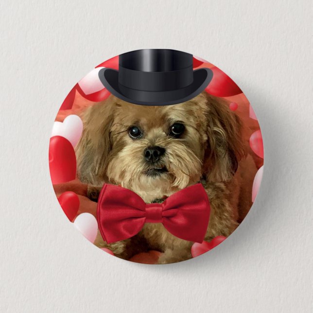 Cute Dog With Hearts Valentine Button (Front)