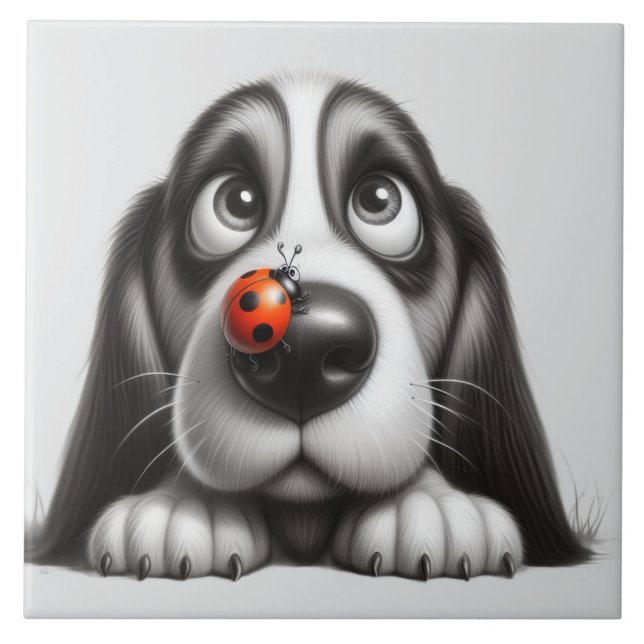 Cute dog with ladybug ceramic tile (Front)