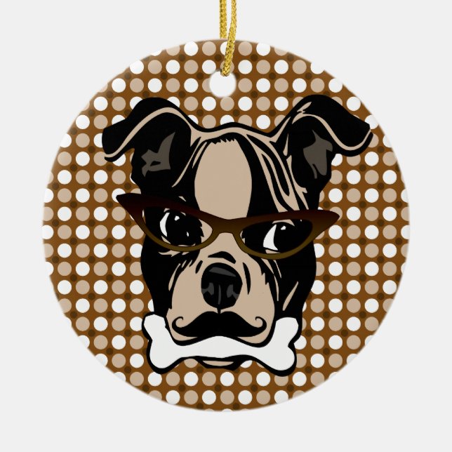 Cute Dog with Mustache, Eyeglasses & Bone in mouth Ceramic Ornament (Front)