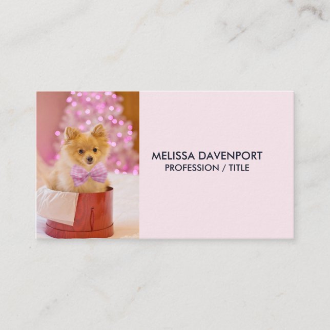 Cute Dog with Pink Bow Christmas Photo Business Card (Front)