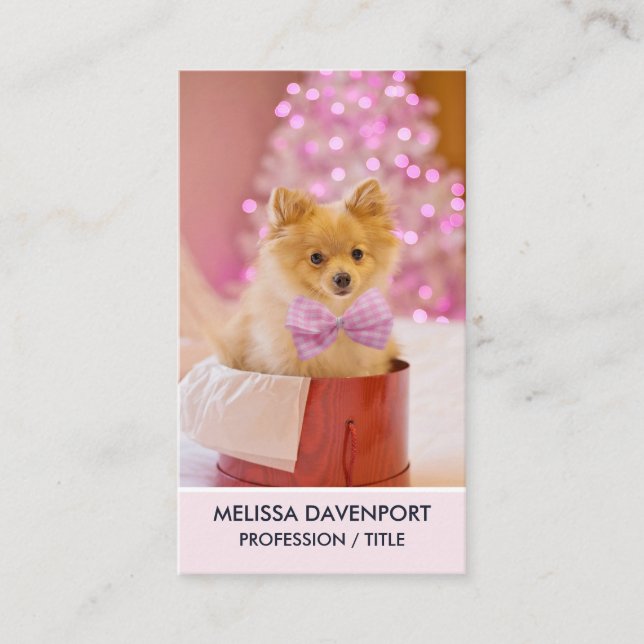 Cute Dog with Pink Bow Christmas Photo Business Card (Front)