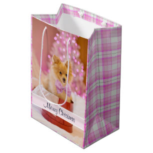Cute Dog with Pink Bow Christmas Photo Medium Gift Bag