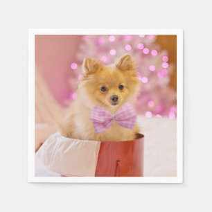 Cute Dog with Pink Bow Christmas Photo Napkins