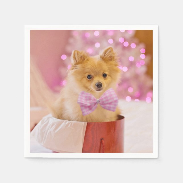 Cute Dog with Pink Bow Christmas Photo Napkins (Front)