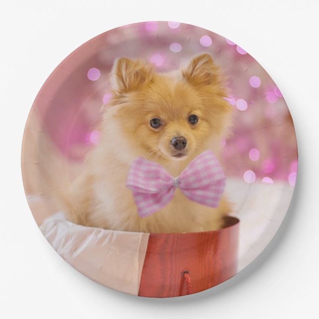 Cute Dog with Pink Bow Christmas Photo Paper Plates (Front)