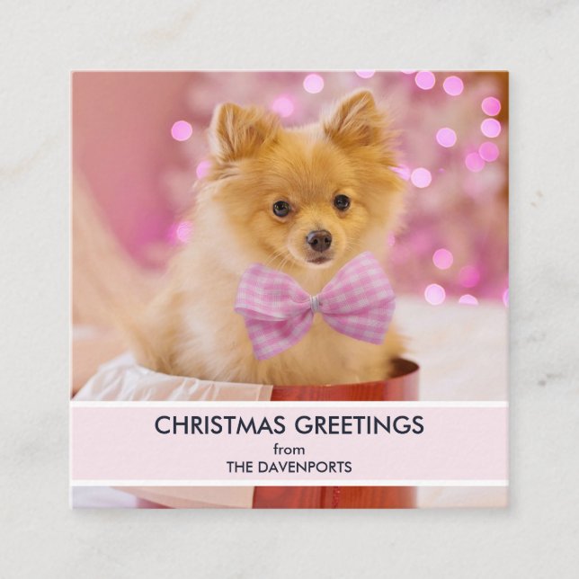 Cute Dog with Pink Bow Christmas Photo Square Business Card (Front)