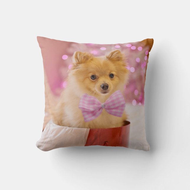 Cute Dog with Pink Bow Christmas Photo Throw Pillow (Front)