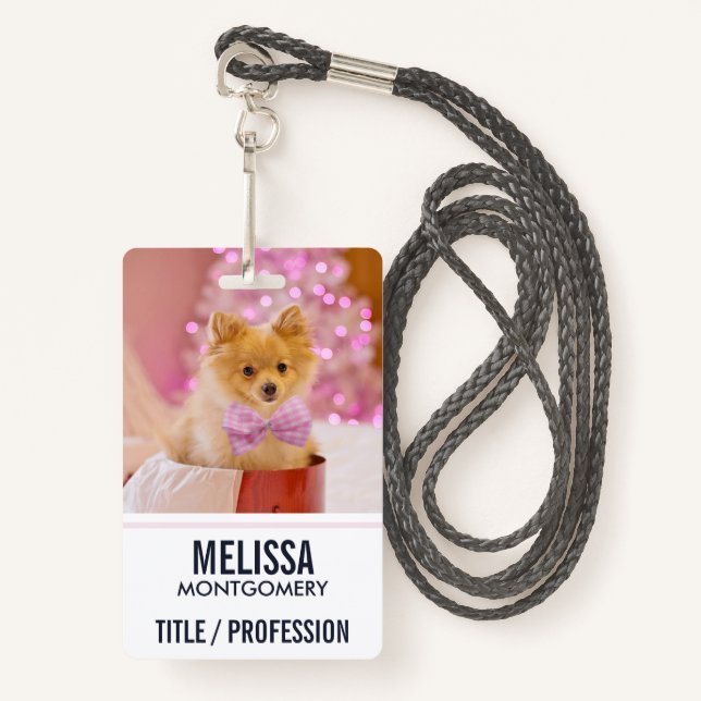 Cute Dog with Pink Bow Christmas Photograph Badge (Front with Lanyard)