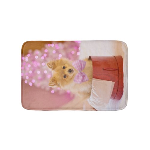 Cute Dog with Pink Bow Christmas Photograph Bath Mat