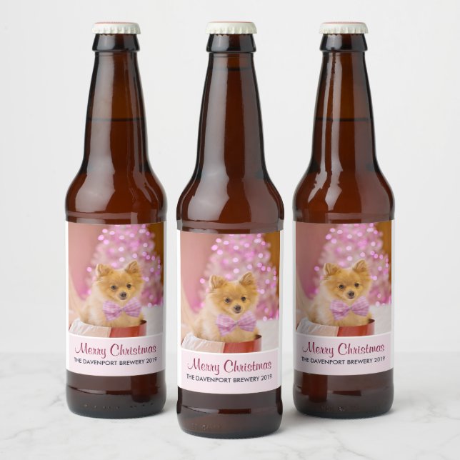 Cute Dog with Pink Bow Christmas Photograph Beer Bottle Label (Bottles)