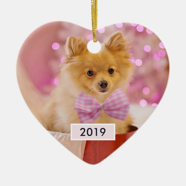 Cute Dog with Pink Bow Christmas Photograph Ceramic Ornament (Front)