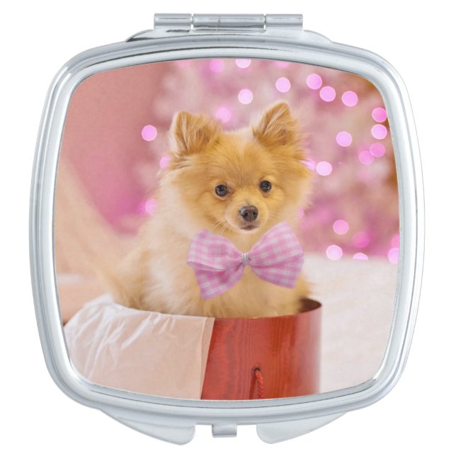 Cute Dog with Pink Bow Christmas Photograph Compact Mirror (Front)