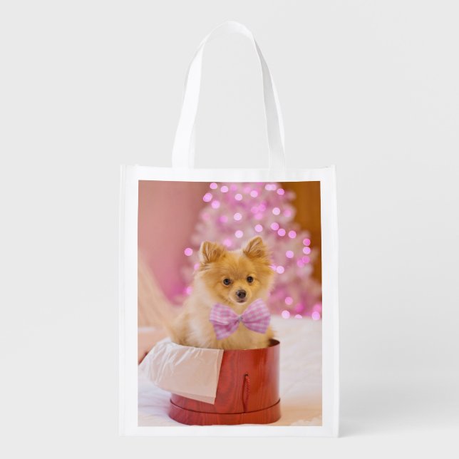 Cute Dog with Pink Bow Christmas Photograph Grocery Bag (Front)