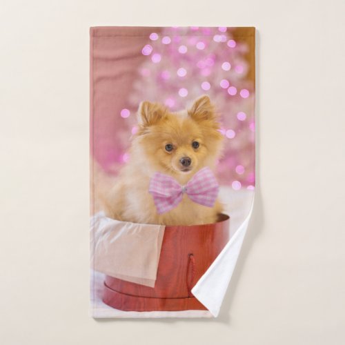 Cute Dog with Pink Bow Christmas Photograph Hand Towel