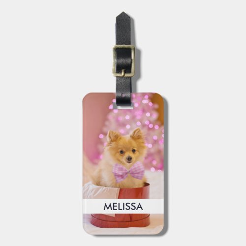 Cute Dog with Pink Bow Christmas Photograph Luggage Tag
