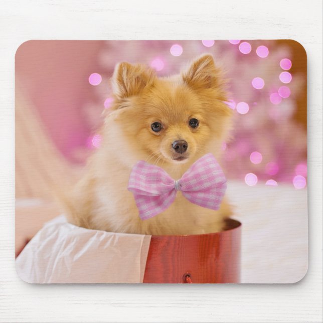 Cute Dog with Pink Bow Christmas Photograph Mouse Pad (Front)