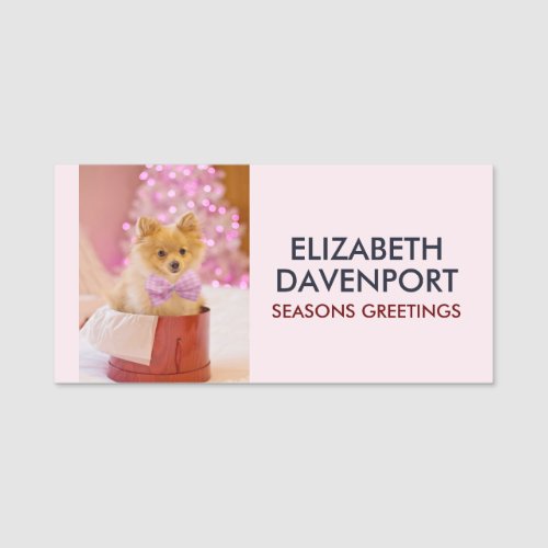 Cute Dog with Pink Bow Christmas Photograph Name Tag