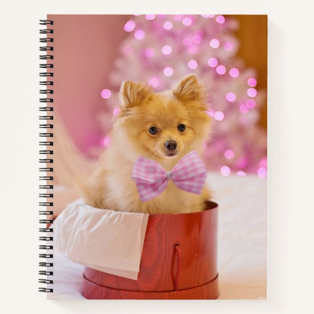 Cute Dog with Pink Bow Christmas Photograph Notebook (Front)