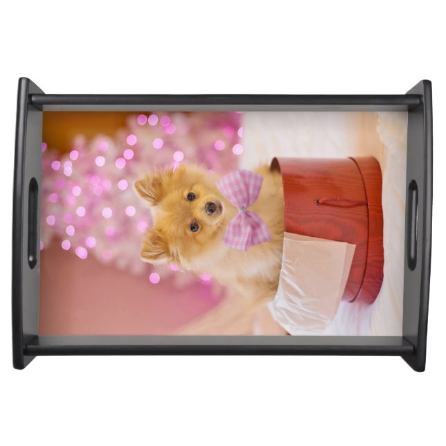 Cute Dog with Pink Bow Christmas Photograph Serving Tray (Front)