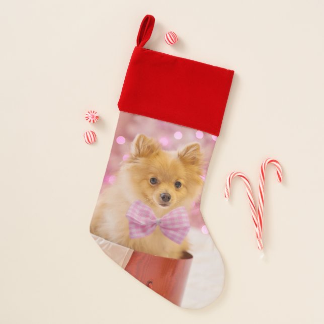 Cute Dog with Pink Bow Christmas Photograph Stocking (Front)