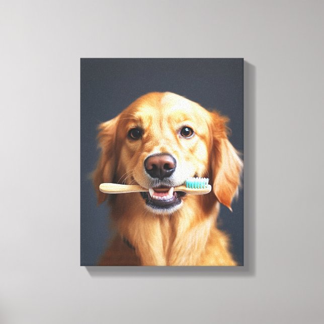 Cute Dog with Toothbrush Perfect for Bathroom Canvas Print (Front)