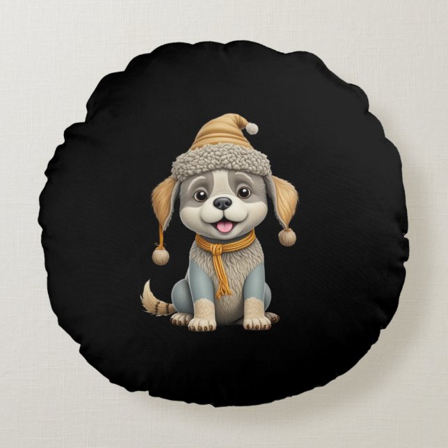 Cute dog with winter clothes round pillow (Front)