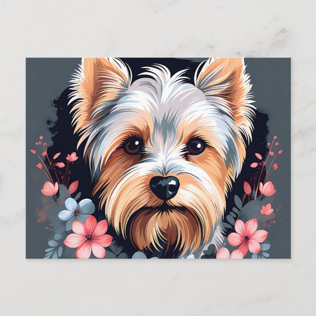 Cute Dog Yorkshire Terrier Flowers Postcard (Front)