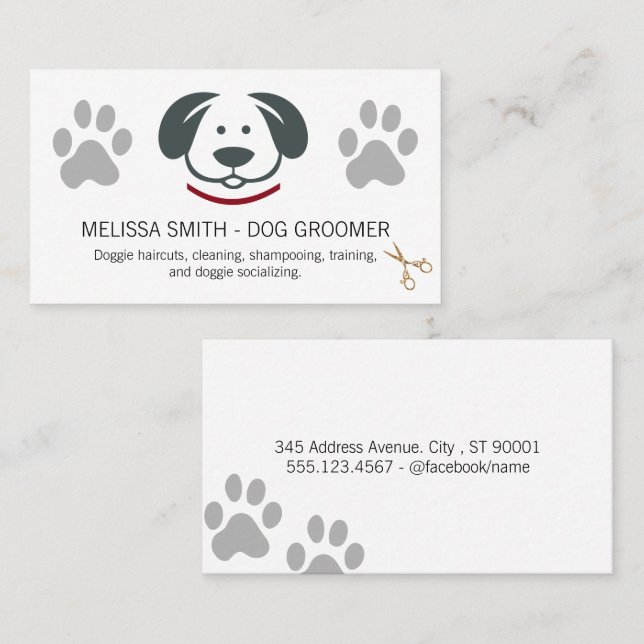 Cute Doggie Logo Paw Prints | Scissors Business Card (Front/Back)