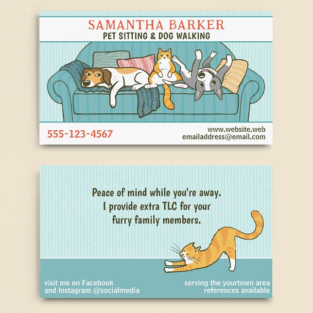 Cute Dogs and Cat Pet Sitting Animal Care Funny Business Card (Creator Uploaded)