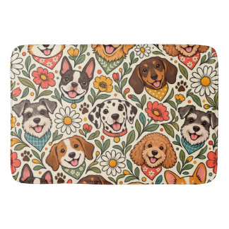 Cute Dogs and Colorful Floral Pattern Bath Mat