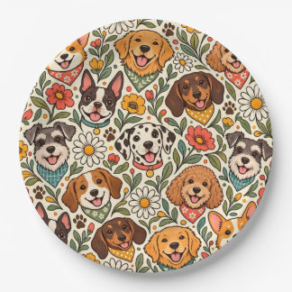 Cute Dogs and Colorful Floral Pattern Paper Plates