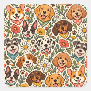Cute Dogs and Colorful Floral Pattern Square Sticker