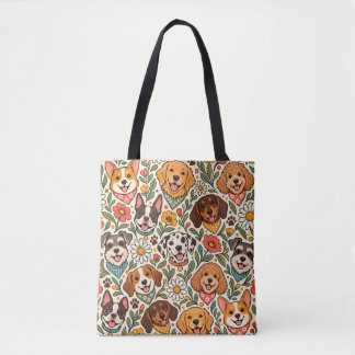 Cute Dogs and Colorful Floral Pattern Tote Bag