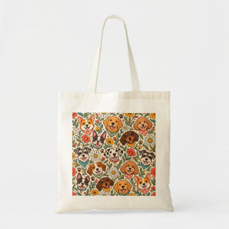 Cute Dogs and Colorful Floral Pattern Tote Bag