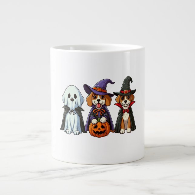 Cute dogs as ghost, witch, and vampire giant coffee mug (Front)