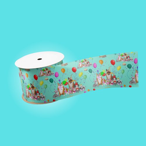 Cute Dogs Birthday Celebration Lets Pawty Pattern Satin Ribbon