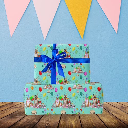 Cute Dogs Birthday Celebration Lets Pawty Pattern Wrapping Paper