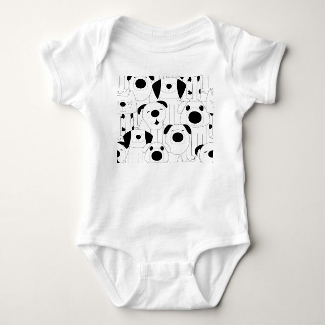 Cute dogs: black, white cartoon. baby bodysuit (Front)