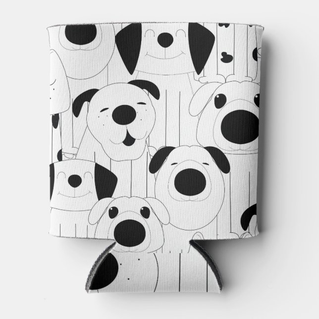 Cute dogs: black, white cartoon. can cooler (Front)