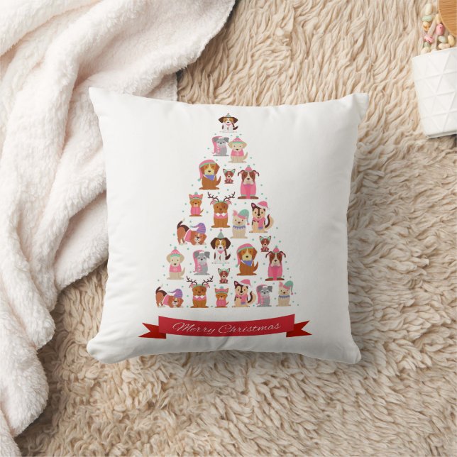 Cute Dogs Christmas Tree Throw Pillow (Blanket)