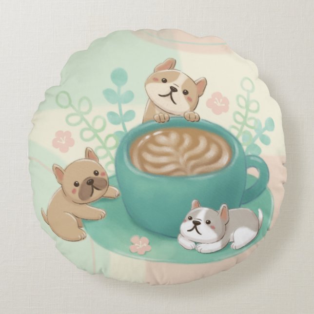 Cute Dogs & Coffee Illustration Round Pillow (Front)
