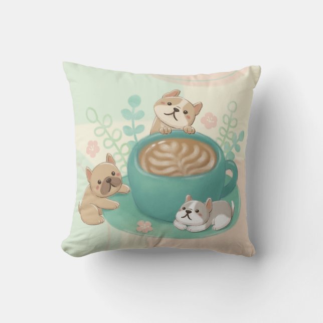 Cute Dogs & Coffee Illustration Throw Pillow (Front)