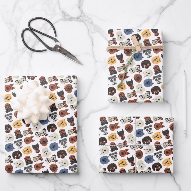 Cute Dogs Faces Pattern Wrapping Paper Sheets (Front)