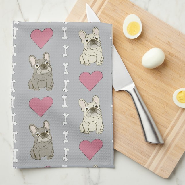 Cute dogs, Frenchie, hearts, and bones Kitchen Towel (Quarter Fold)
