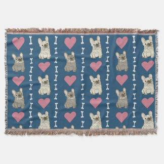 Cute dogs, Frenchie, hearts, and bones Throw Blanket
