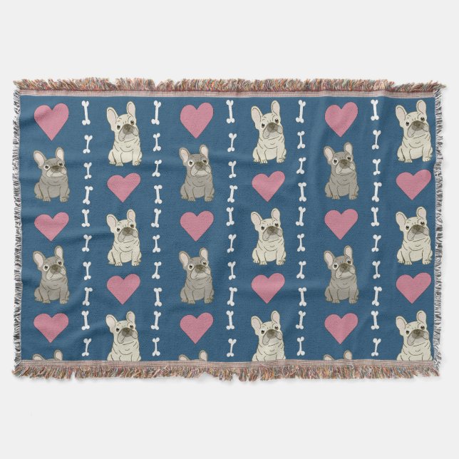 Cute dogs, Frenchie, hearts, and bones Throw Blanket (Front)