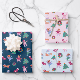 Cute Dogs Ice Skating Blue Pink Christmas Wrapping Paper Sheets